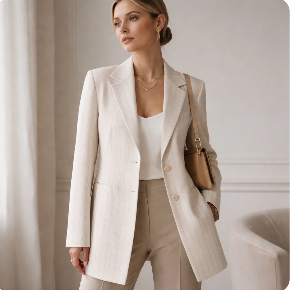 Ivonne Cream Pinstripe Longline Blazer Coat 10 Vintage 90s Tailored Minimalist